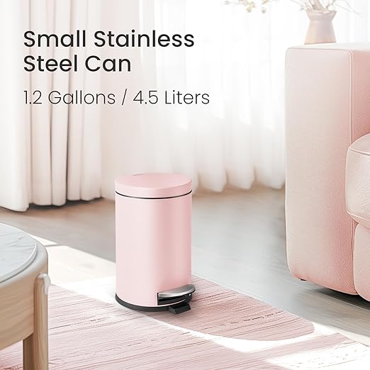 Cesun 1.2 Gallons Small Pink Trash Can, Bathroom Garbage Can with Lid and Foot Pedal, Mini Round Wastebasket for Bathroom, Bedroom, Office, 4.5 Liters / 1.2 Gallons, Pink