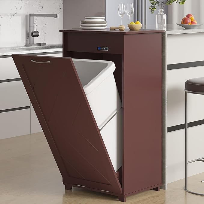VECELO Tilt Out Kitchen Trash Bin Cabinet, Dog Proof Garbage Can with Wood Holder Free Standing Recycling, Brown
