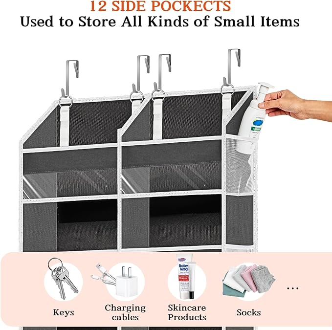 Over the Door Organizer 6 Tiers, Extra Large Behind Door Storage of 12 Compartments, 80 lbs Weight Capacity Hanging Storage Organizer with Clear Window Kids Toys, Shoes, Diapers, Room storage