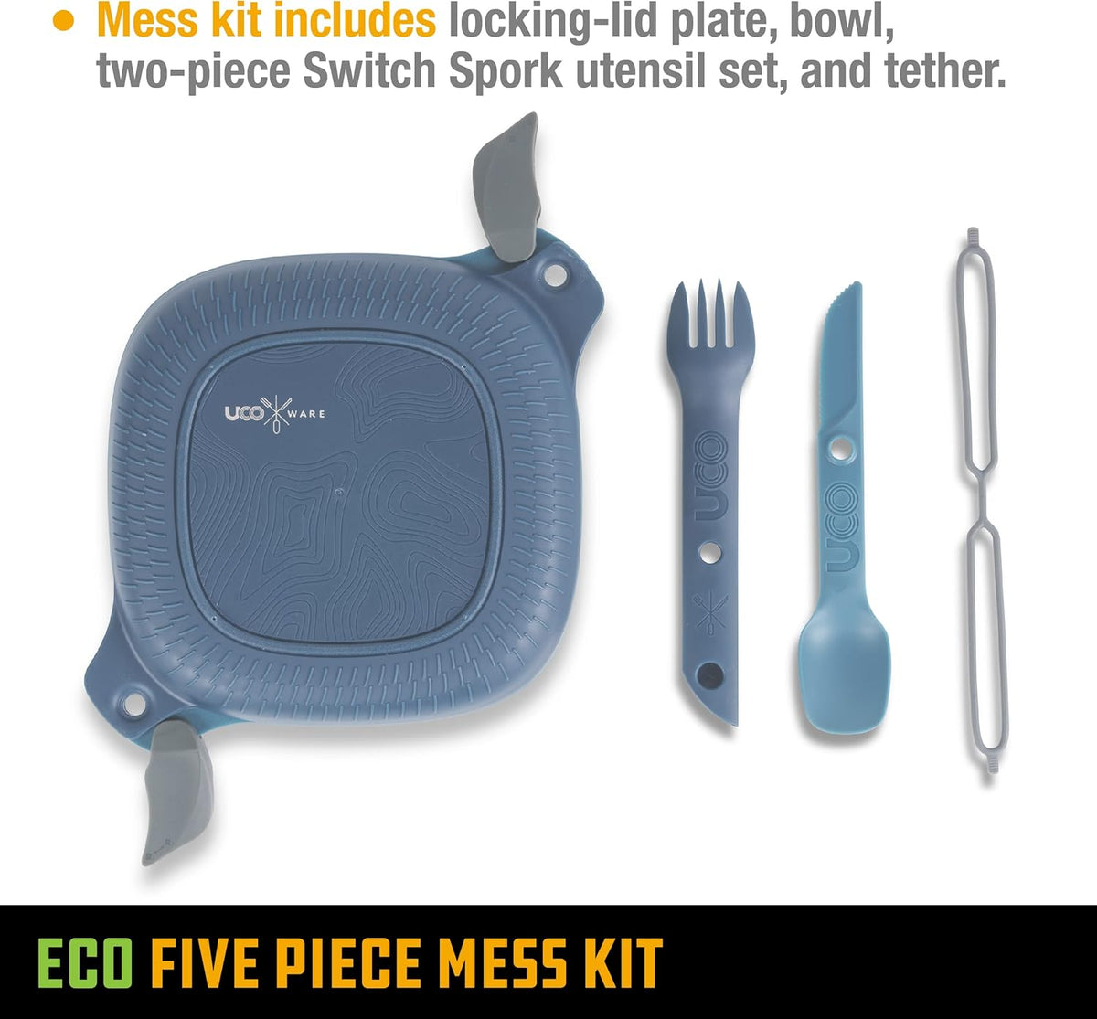 UCO Recycled ECO 5-Piece Camping Mess Kit with Bowl, Plate, Switch Spork Utensil Set