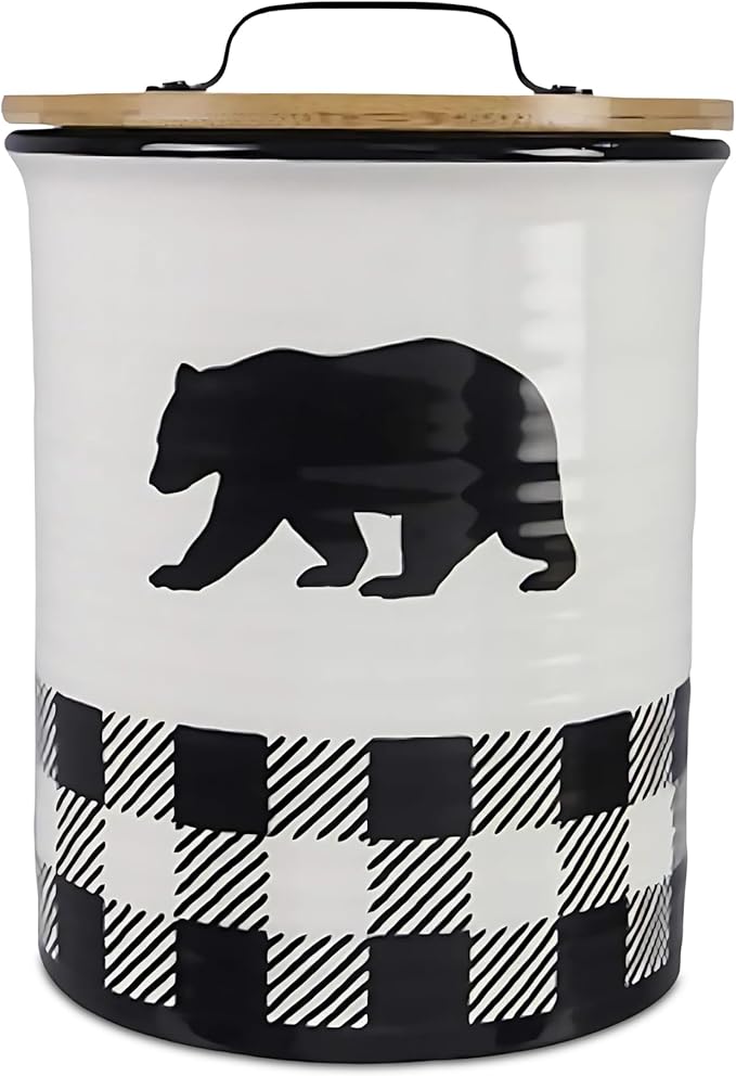 Young's Ceramic Treat Jar with Airtight Lid, Black and White Buffalo Plaid Bear Dog Treat Container, Decorative Cat Food Storage Canister