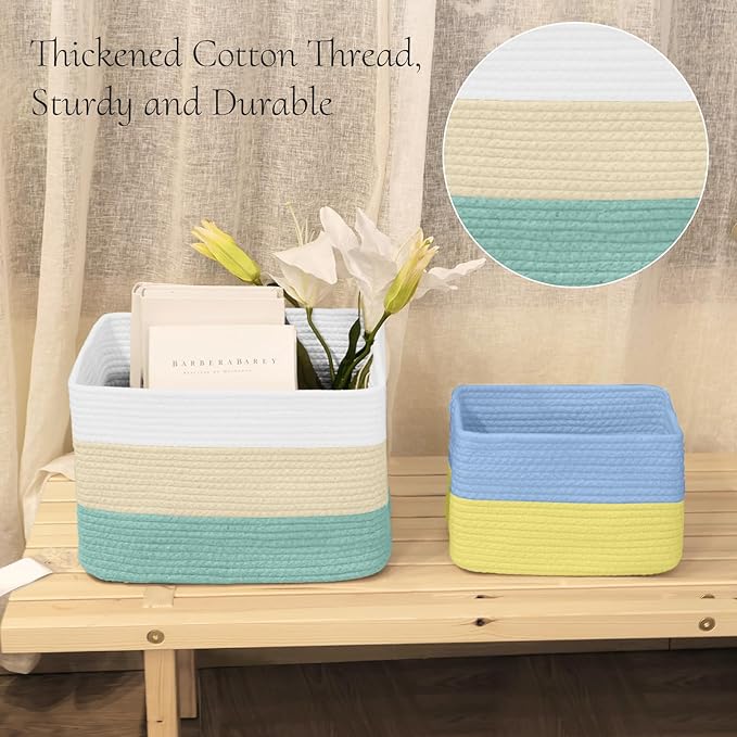 Hopegiver Woven Storage Baskets 15x11x10 Inch, 3 Pack Collapsible Cube Storage Bin for Shelves - Foldable Cotton Rope Organizer Bins for Towels, Toys, Books, Closet, Nursery (White Cream Green)