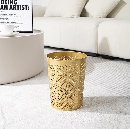 Small Gold Metal Trash Can Wastebasket, Decorative Hollow-Out Garbage Can Waste Paper Bin, Modern Farmhouse Round Trash Bin for Bathroom, Bedroom, Kitchen and Office (Floral)