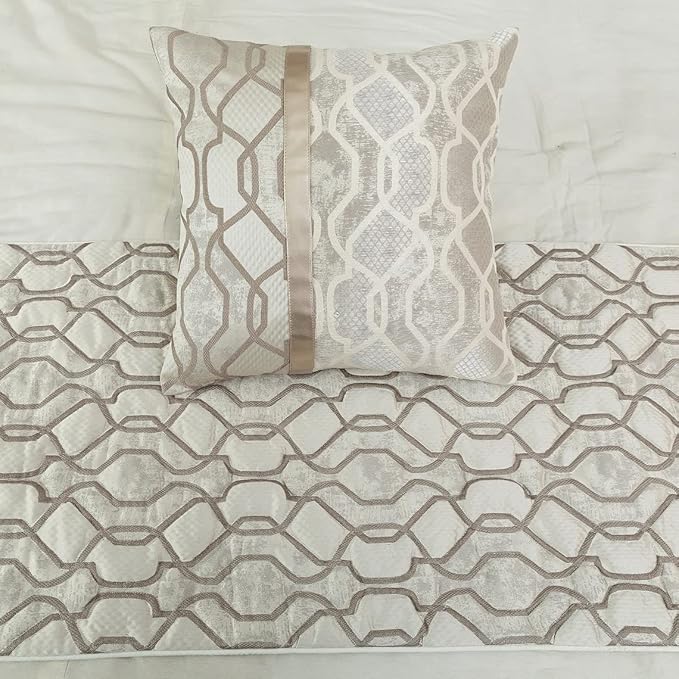 The HomeCentric King/Queen/Twin Ivory & Silver Decorative King 90"x18" Bed Runner Without Pillow Cover, Lattice & Quilted Bed Scarf on Jacquard Silk Fabric - Ivory Delicacy
