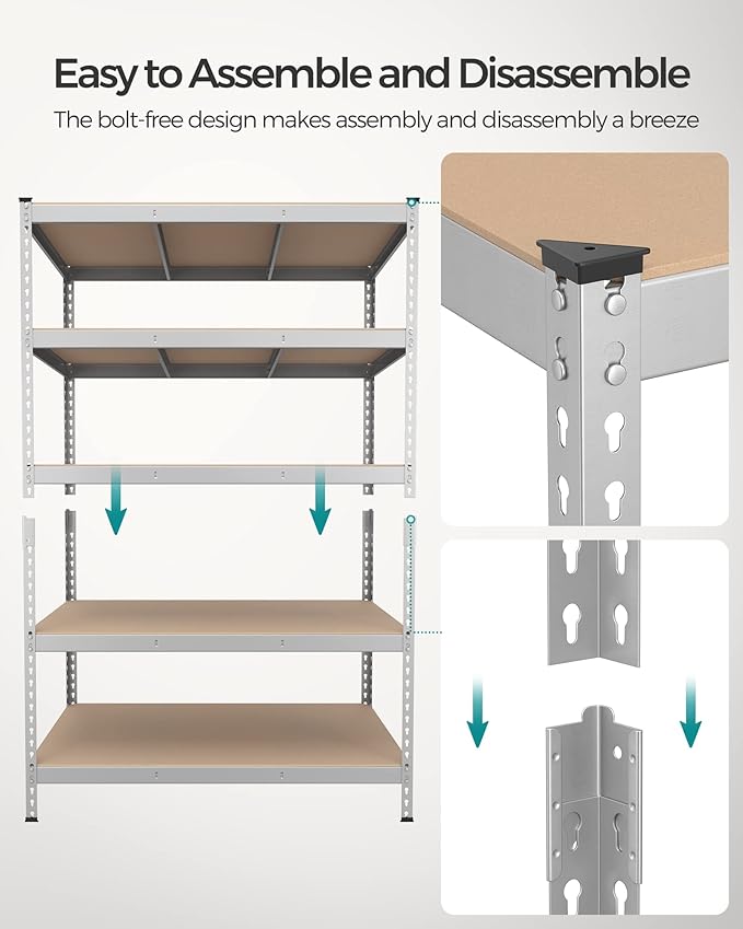 SONGMICS 5-Tier Storage Shelves, Load 2310 lb, Set of 2 Garage Storage, Boltless Assembly, Adjustable Shelving Unit, 23.6 x 47.2 x 70.9 Inches, for Study Shed Basement, Silver UGLR600E02
