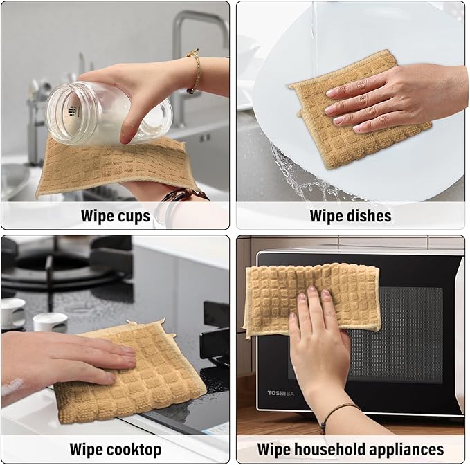 Dish Rags for Washing Dishes 8 Pack Multipurpose Wire Miracle Cleaning Coths Non-Scratch Wire Dishwashing Rag Lint Free Microfiber Cleaning Cloth for Kitchen Windows (Khaki)