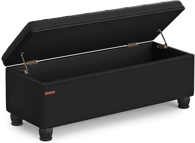 SONGMICS Storage Ottoman, Storage Bench, Tufted Entryway Bedroom Bench, 17.7 x 46.5 x 17.7 Inches, Hinges Easy Lid Operation, Wooden Legs, Synthetic Leather, Loads 330 lb, Classic Black ULOM071B01