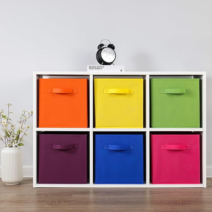 Stero 13x13x13 Inch Fabric Storage Bins 6 Pack Fun Colored Durable Storage Cubes with Handles Foldable Cube Baskets for Home, Kids Room, Closet and Toys Organization Orange-Multi Colors-1