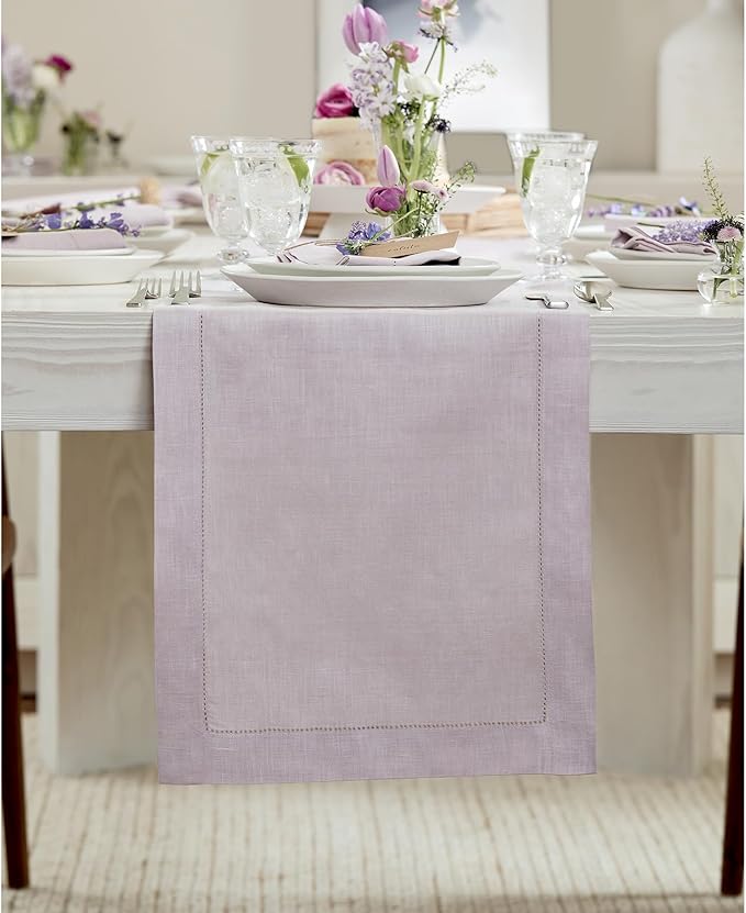 Solino Home Linen Lilac Table Runner 132 Inches Long - 100% Pure Linen Extra Long Table Runner 14 x 132 Inch for Christmas, New Year - Classic Hemstitch