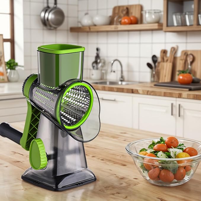 HANSGO Rotary Cheese Grater, Cheese Shredder, Labor-Saving Handle, Strong Suction Base, 3 Changeable Blades for Harder Cheeses, Vegetable, Nuts, Chocolate, Fruits, Safe & Easy to Clean