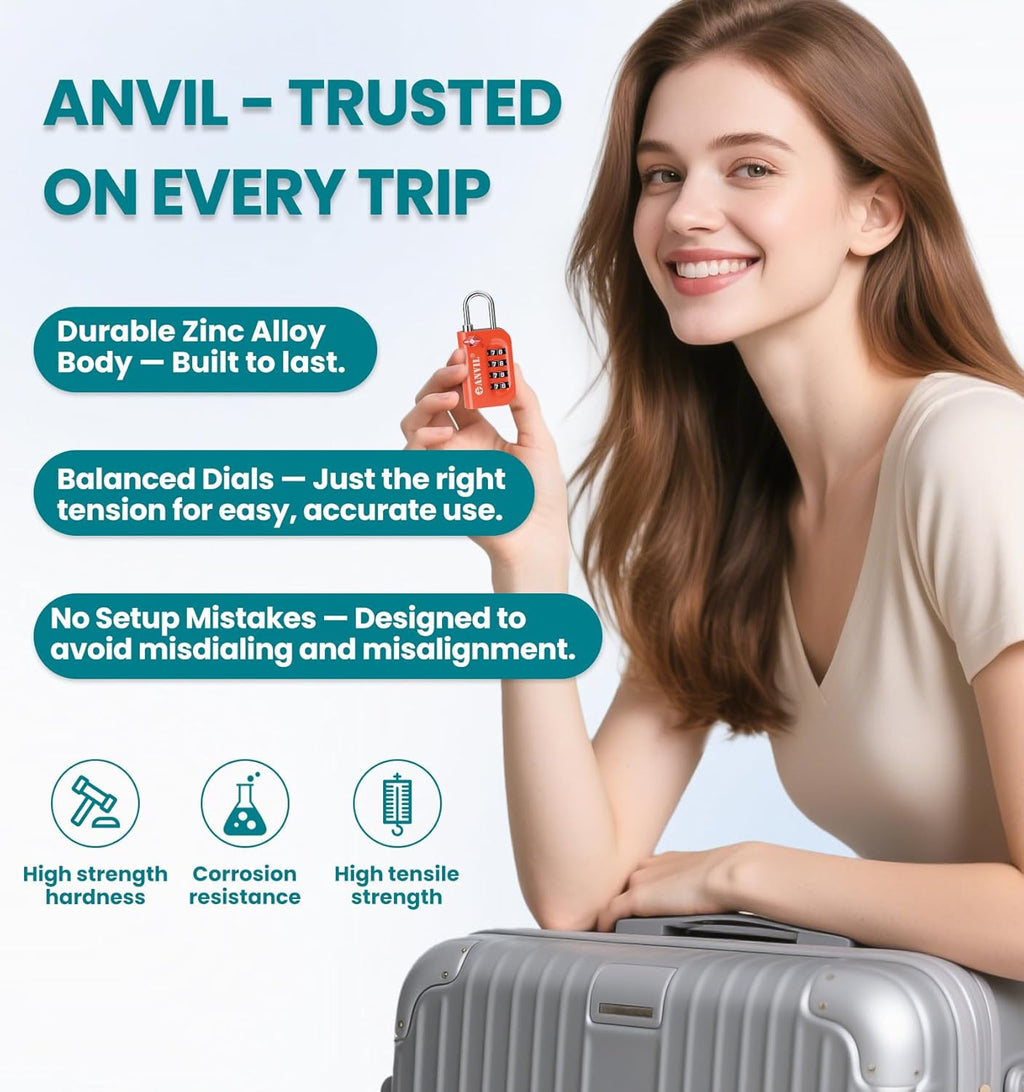 ANVIL TSA Approved Luggage Lock - 4 Digit Combination, 10,000 Combinations, Easy-Read Password Window, Travel Lock for Suitcases, Backpacks, Gym & Student Lockers, Baggage