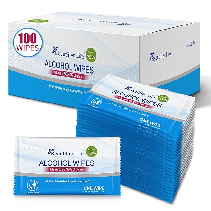 100 Count Individually Packed Hand Sanitizing Wipes - 75% Alcohol Formula with Aloe, Moisturizer, and Vitamin E - Premium Sanitizer for Travel, Home, Office, and School Use