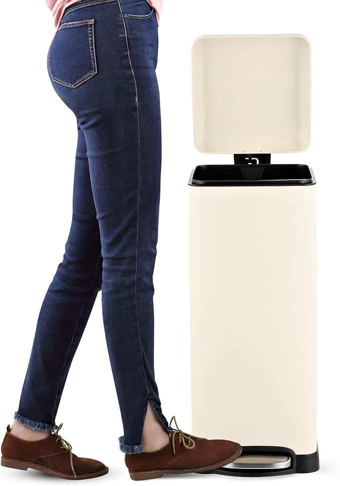 happimess HPM1007F Betty Retro 8-Gallon Step-Open Trash Can with Soft-Close Lid, Fingerprint Resistant, Modern, Minimalistic for Home, Kitchen, Laundry Room, Office, Bedroom, Bathroom, Almond