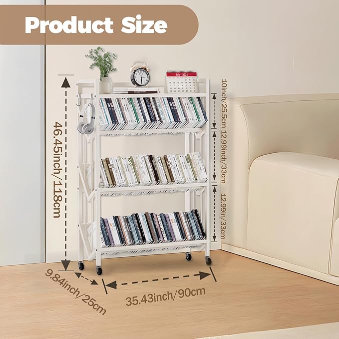 Book Carts 4 Tier 46.5x35.4x9.84 in Rolling Book Cart Large Capacity Bookshelf Storage Rack Mobile Book Storage with Wheels Cart for Home Office Living Room Classroom (White)