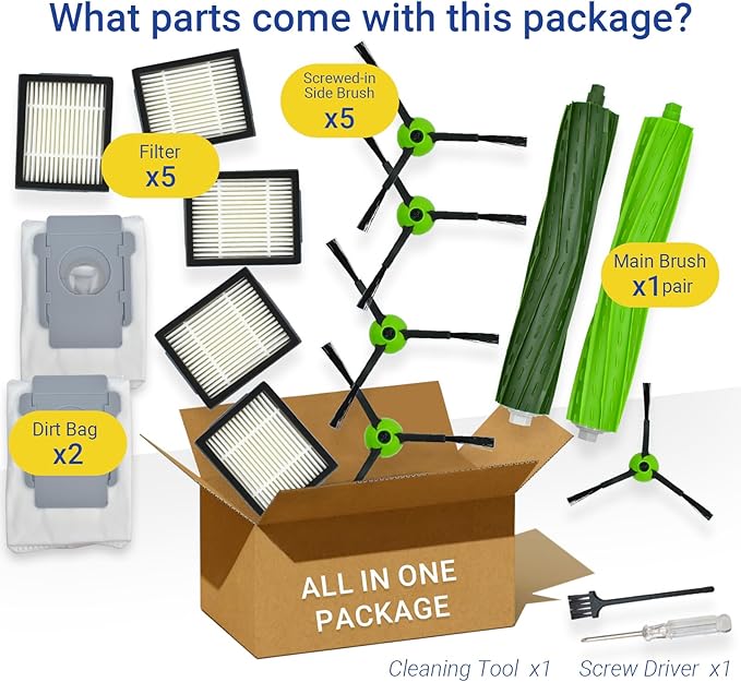 Replacement Parts Accessories for iRobot Roomba J Plus Series J5+ J6+ J7+ J8+ J9+ Vacuum Cleaner Attachment Kit,1 Main Brush, 2 Dirt Bag, 5 Side Brush, 5 Filter, 1 Caster Wheel (Not for Combo J7+/J9+)