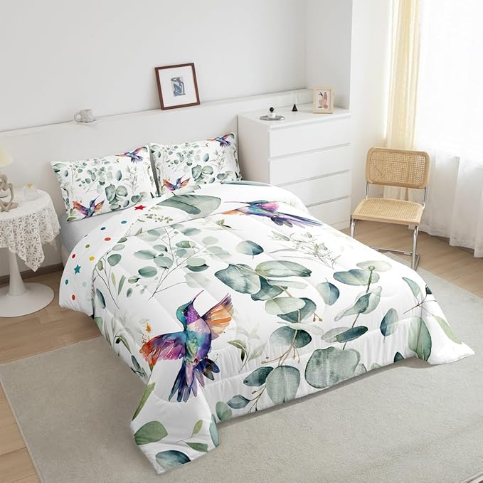 Erosebridal Cartoon Hummingbird Queen Bedding Sets Toddler Wildlife Bird Comforter Set, Plant Down Comforter Eucalyptus Leaf Bedding Comforter Sets, Jungle Animal Theme Duvet Insert Kids Room Decor