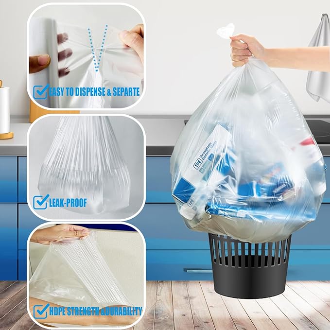 2-4 Gallon Trash Bags, 400 Count Bulk, Clear Plastic Recycling Bags, Small Multi-purpose Garbage Bags for Business Home Bathroom Kitchen Commercial and Industrial
