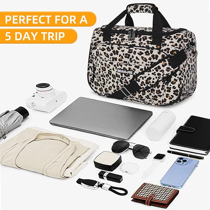 Underseat Carry On Luggage Lightweight Travel Tote Weekender Bag Overnight Duffle Bag for Travel, Travel Essentials Personal Item Travel Bag for Women and Men,Leopard-16Inch