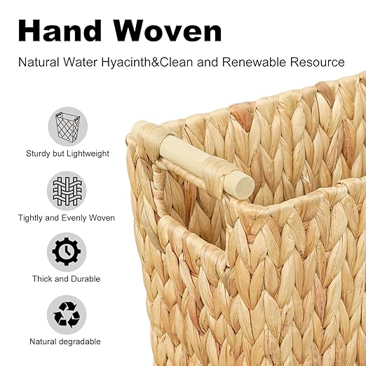 6 Gallon Wicker Trash Can with Wooden Handle,Wicker Waste Basket for Bathroom,Bedroom,Large Narrow Water Hyacinth Trash Basket,Rattan Boho Decor Farmhouse Bathroom Trash Can