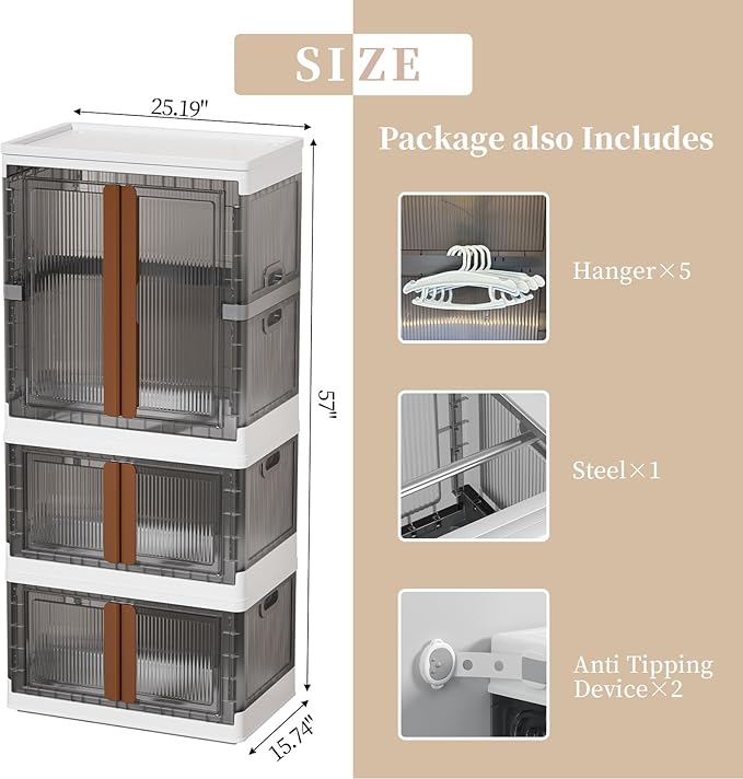 HAIXIN Closet Organizers and Storage, 77.6 Gal Stackable Bins, Wardrobe Organizer, Collapsible Clothing Storage with Closet Rod and Clothes Hangers (1 Pack 39.6 Gal and 2 Pack 19 Gal)
