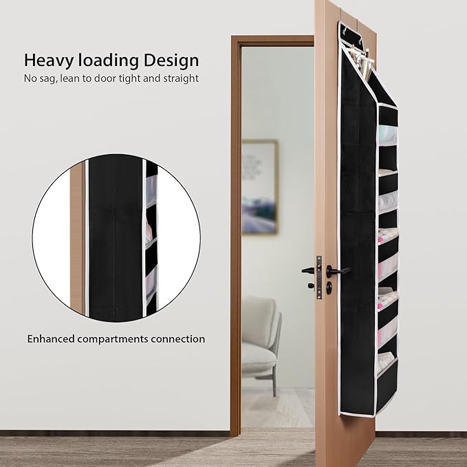Univivi 6-Shelf Over Door Hanging Organizer Fabric Baby Door Storage with 5 Large Pockets and 3 Small PVC Pockets Wall Mount Hanging Storage Organizers for Baby Essential (Black)