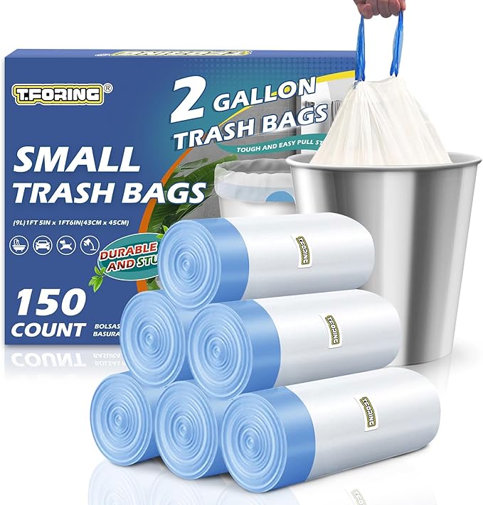 150 Count 2 Gallon Trash Bags Drawstring - 0.96 Mil Small Garbage Bags Unscented,Heavy Duty Trash Can Liners,7.5 Liter Wastebasket Bags for Home Bathroom Office Bulk
