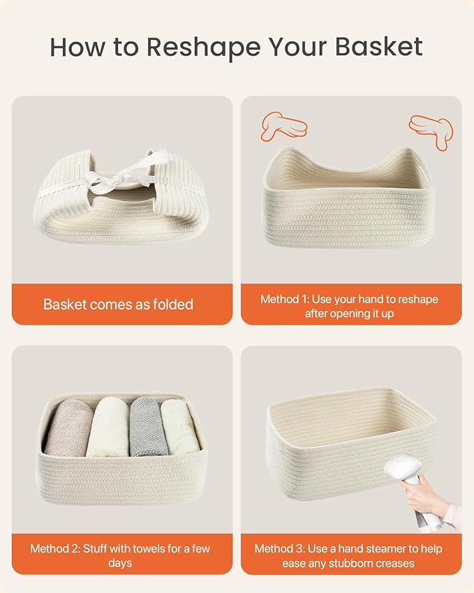 Small Woven Basket, 12 x 8 x 4.5 Inches, Storage Basket for Organizing, Cute Small Rope Shelf Closet Cube Storage Bins Baskets for Shelves, Dog Toy Gift Baskets Empty, 3 Packs, Off White