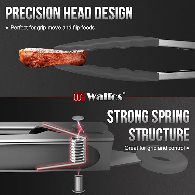 Walfos 600 Degree Heat Resistant Silicone Tongs for Cooking - Kitchen Tongs With Silicone Tips set of 3 size Food Looking Tongs (7" 9" and 12 inch Dark Grey)
