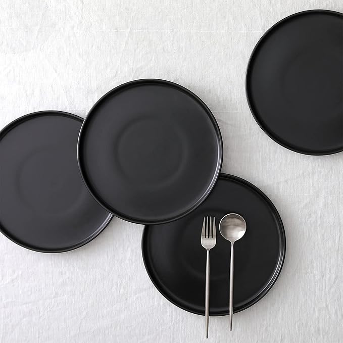 Stone Lain Coupe - Celina Stoneware Round Dinner Plates Set, 4-Piece, Black Matte
