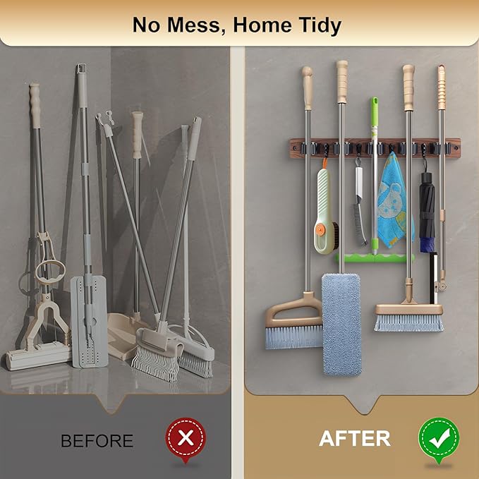 Broom Holder Wall Mount With 5 Slots & 4 Hooks，Rustic Wood Broom & Mop Hanger，Wall Mounted Garden & Garage Tool Storage Organizer Rack for Closet Laundry Room or Kitchen Wall Decor