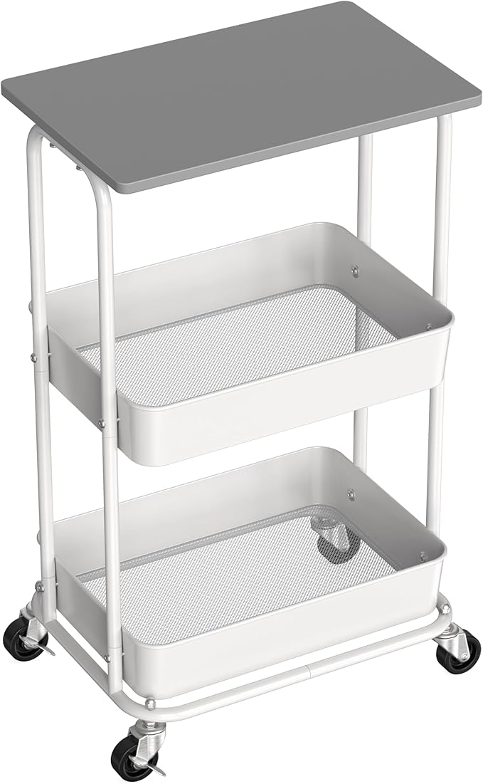Simple Houseware 2-Tier Rolling Utility Cart with Lockable Wheels and Wood Top, Metal Storage Organizer Trolley for Kitchen, Bathroom, Office, Craft Room, Grey