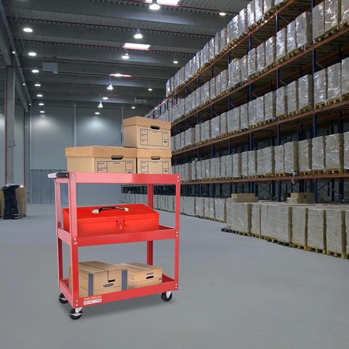3-Tier Commercial Utility Cart with Brake Wheels, Sturdy Steel Construction, 110 lbs Capacity, Red