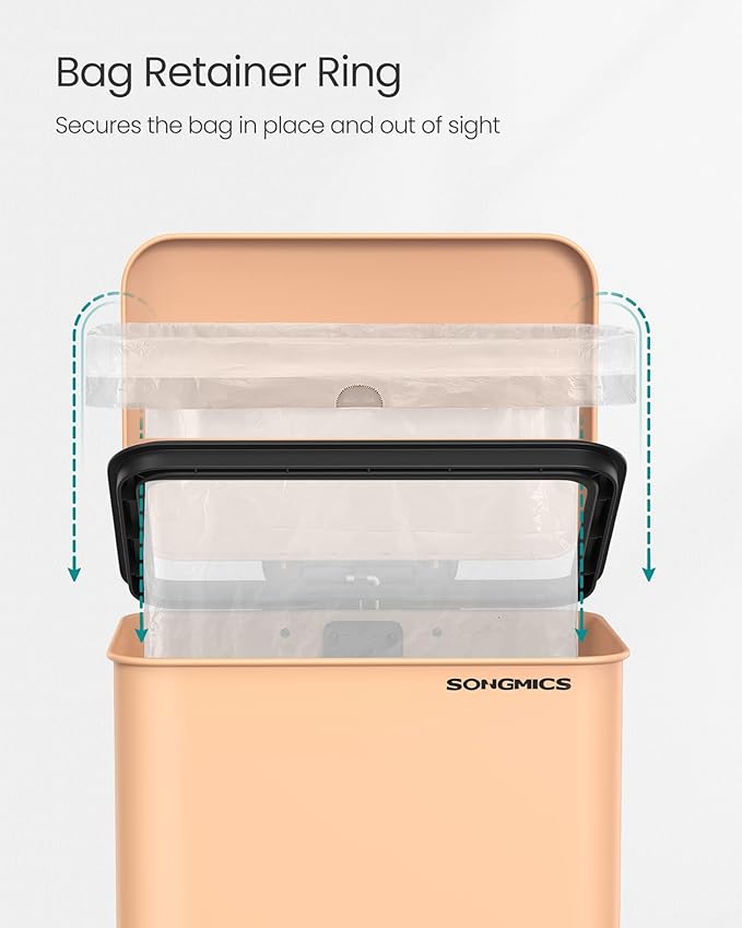 SONGMICS Kitchen Trash Can, 10.5 Gallon (40 L) Garbage Can, Large Step Trash Bin with Lid, Stainless Steel, Soft Close, 15 Trash Bags Included, Peach Fuzz ULTB540R01