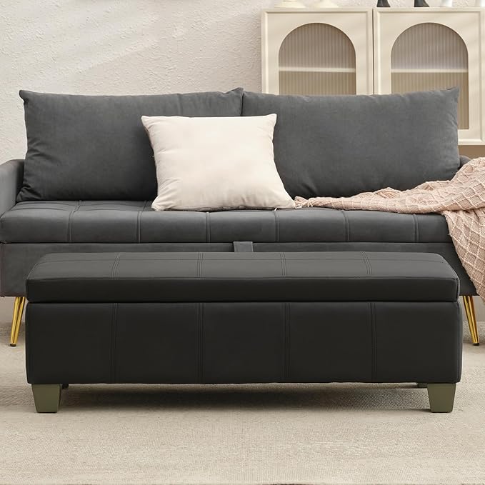51 Inch Black Faux Leather Ottoman with Storage, Rectangular Extra Long Bench, End of Bed Bench with Large Storage for Bedroom, Living Room