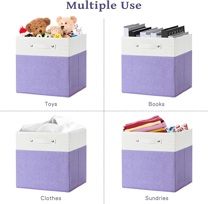 13 x 13 Inch Fine Linen Storage Bins with Handles，Fabric Cube Boxs，Collapsible Basket Organizers for Shelves for Home, Closet Drawers (White/Purple-6 Pack)