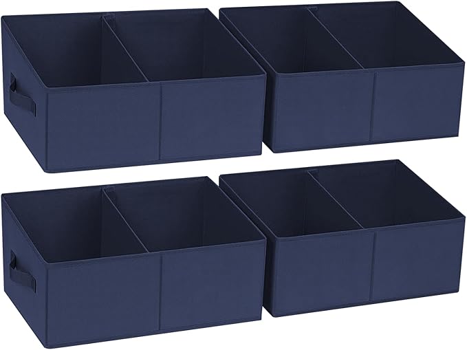 DIMJ Large Closet Shelf Organizer Bins 4 Packs with Handles and Divider, Fabric Trapezoid Storage Baskets, Foldable Clothes Containers Box for Shelf, Towel, Book, Toy, Purse, Hats, Navy Blue