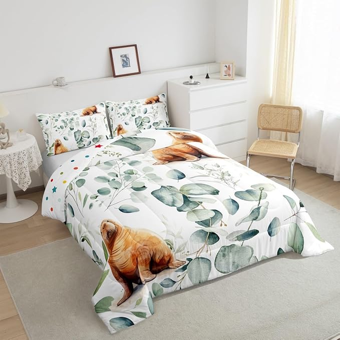 Erosebridal Cartoon Seal Bedding Queen Size Toddler Ocean Wildlife Comforter Set Queen, Spring Plant Duvet Insert Eucalyptus Leaf Quilt Set, Sea Animal Theme Bedding Comforters & Sets Kids Room Decor