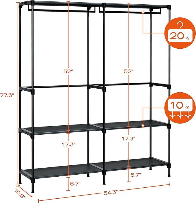 Clothes Rack, Portable Closet, 54.3 Inch Large Capacity Wardrobe Closet, Clothes Storage Organizer with Shelves and 2 Hanging Rods, Easy to Assembly, Black PCT002B01