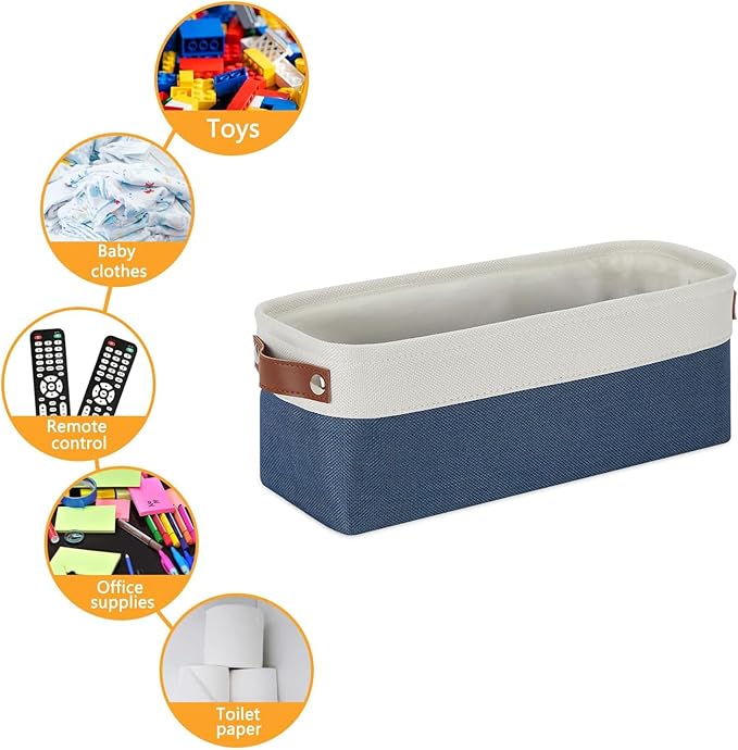 DULLEMELO Narrow Storage Basket,Toilet Paper Basket with Leather Handles for Back of Toilet, Vanities, Shelves & Cabinets (White&Blue-1 Pack)