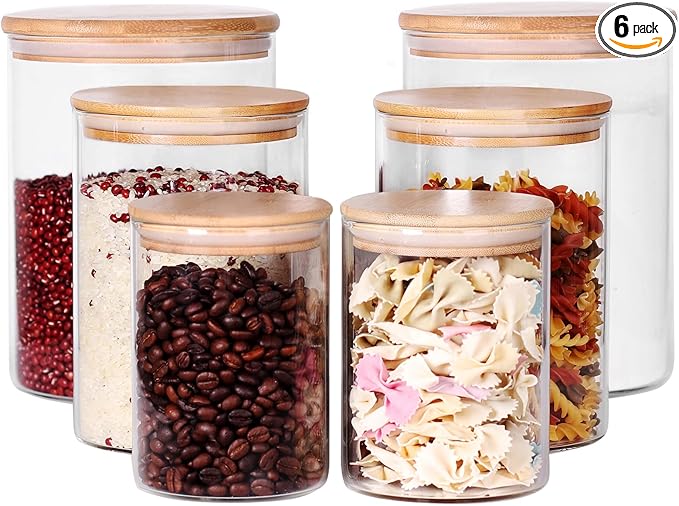 Glass flour Jars with Airtight Lids, 6 Pack Sugar and Flour Salt Containers Set, Extra Large Glass Rice Jar with Bamboo lid for Kitchen, Brown Suger, Beans, Groub Coffee (100OZ/54OZ/27OZ)