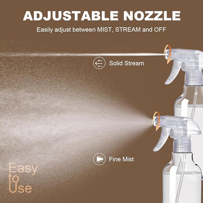 Plastic Spray Bottles (2-Pack, 16.9 Oz) Heavy Duty Spraying, Mist & Stream, Empty Water Sprayer Bottle for Cleaning Solutions, Essential Oils, Hair, Plants, BBQ, Dog Cat Behavior Correction (Clear)