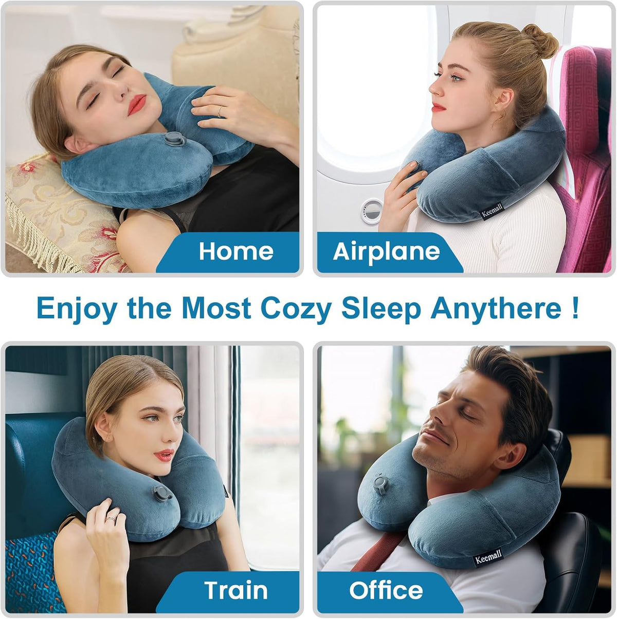 2Pack Inflatable Travel Neck Pillow for Airplane Sleeping, Adjustable Blow Up Neck Support Air Pillow Traveling on Plane Long Flights Washable