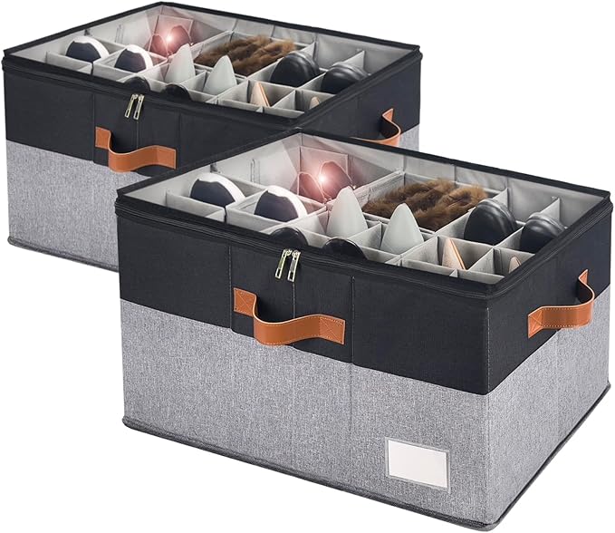 Shoe Organizer for Closet, Foldable Shoe Storage Bins with Clear Cover, Space Saving Shoes Holder with 4 Handles, Large Adjustable Shoe Box Storage Containers, Fits 12-24 Pairs, 2 Pack, Black