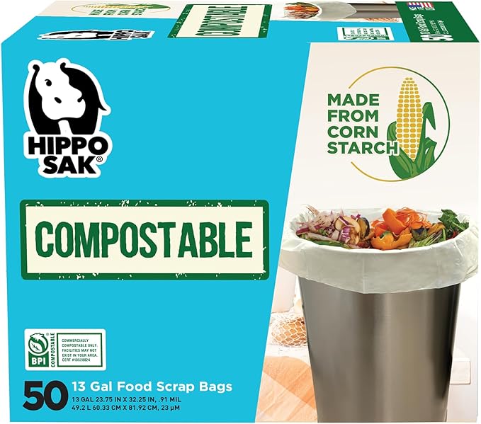 Hippo Sak - 13 Gallon Tall Kitchen Compostable Bags - Leak Proof Bags (50 Count)
