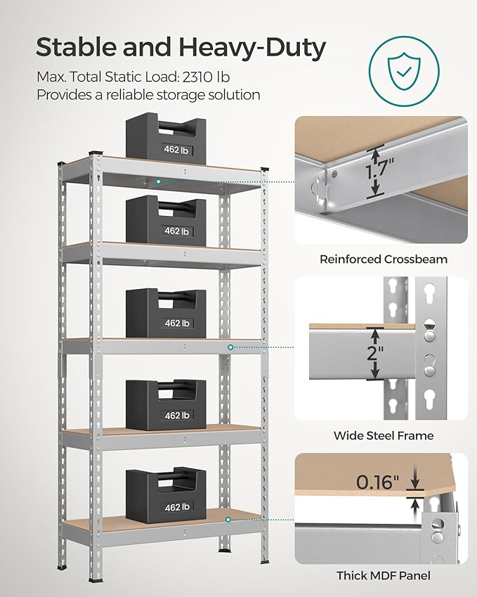SONGMICS 5-Tier Storage Shelves, Load 2310 lb, Set of 2 Garage Storage, Boltless Assembly, Adjustable Shelving Unit, 11.8 x 29.5 x 59.1 Inches, for Study Shed Basement, Silver UGLR300E02
