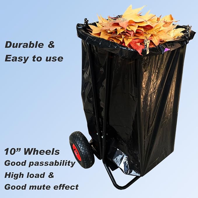 Mobile Trash Bag Holder Outdoor Lawn Leaf Bag Holder with Leaf Chute Metal Rake & 15 Count 39 Gallon Drawstring Trash Bags | Holds 35-65 Gallon Leaf Bags for Leaves Weeding Camping Party
