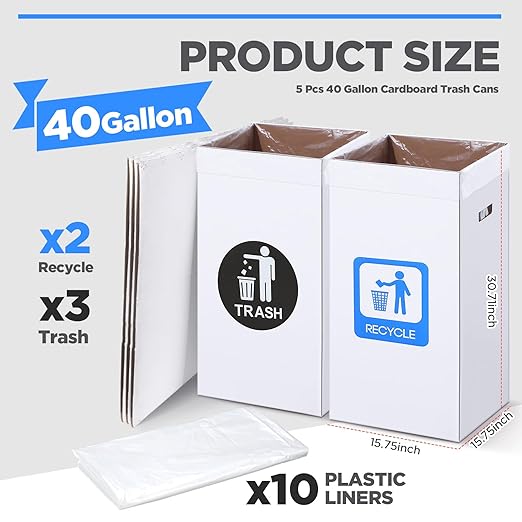 Tioncy 5 Pcs 40 Gallon Corrugated Cardboard Trash Cans Recycling Bins with Trash and Recycle Letters White Disposable Garbage Container Reuseable Garbage Boxes for Party Camping Outdoor Events