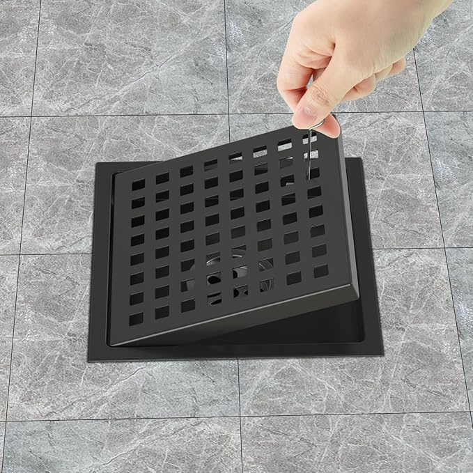 6 Inch Shower Drain Matte Black, Square Bathroom Floor Drain, Stainless Steel Drain Kit with Flange, Removable Grid Cover, Hair Strainer