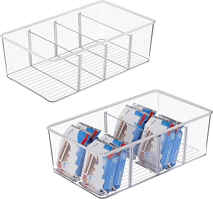 Vtopmart 2 Pack Food Storage Organizer Bins, Clear Plastic Bins for Pantry, Kitchen, Fridge, Cabinet Organization and Storage, 4 Compartment Holder Packets, Snacks, Pouches, Spice Packets