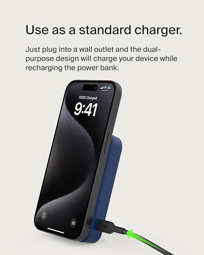 Belkin Portable Charger, Wireless Power Bank 15W 10000 mAh w/ Qi2, MagSafe Charger + Built-in Pop-up Kickstand - iPhone 17, Air, Pro, Pro Max, AirPods, Apple Watch, Google Pixel 10, etc. - Blue